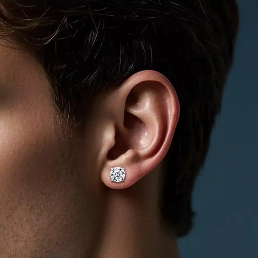 Lab-created moissanite stud earring worn on the ear