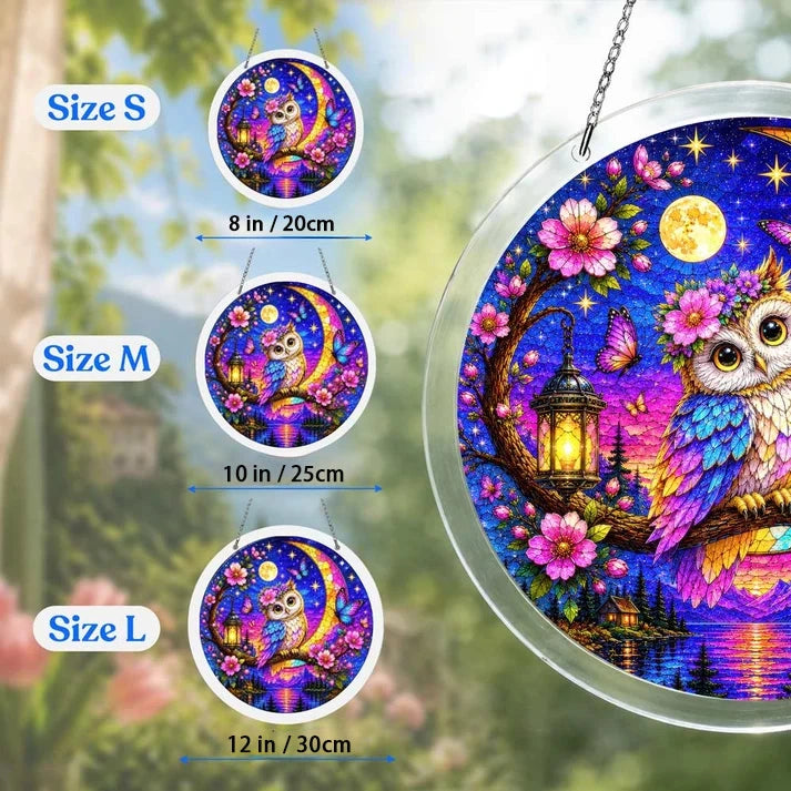 A size chart showing three moonlit owl suncatchers in S M and L measuring 8 10 and 12 inches with a large size detail on the right