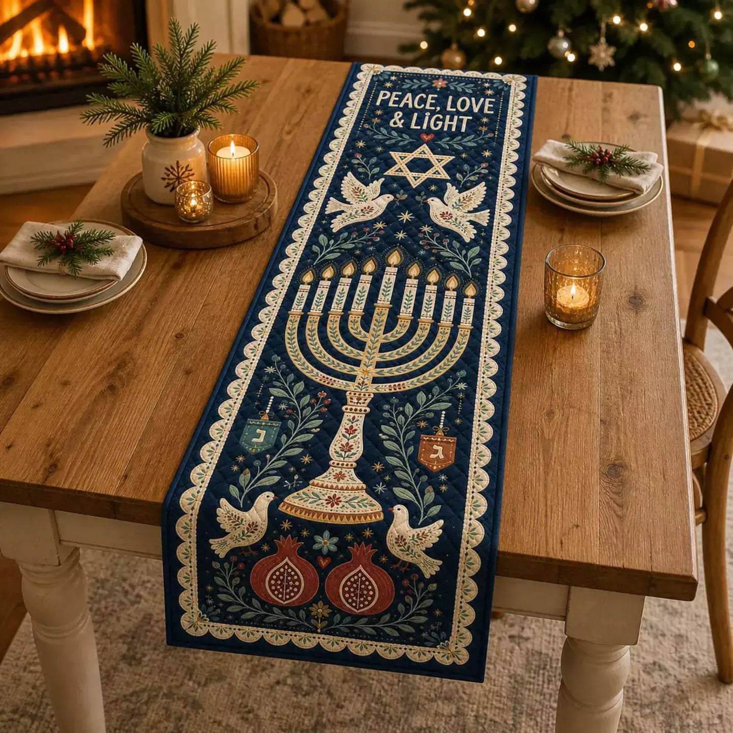 A navy blue Hanukkah table runner with Peace Love & Light slogan sits on a wooden dining table next to a warm burning fireplace