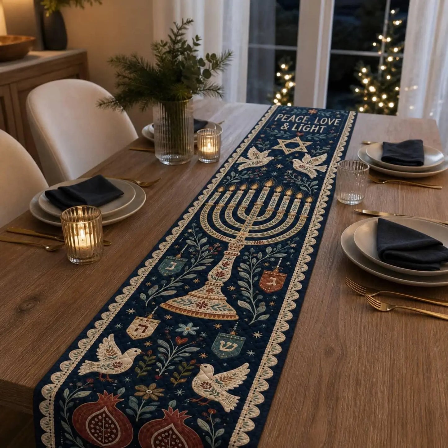 A navy Hanukkah table runner with traditional Jewish holiday patterns placed on the dining table, with twinkling fairy lights outside the window at night