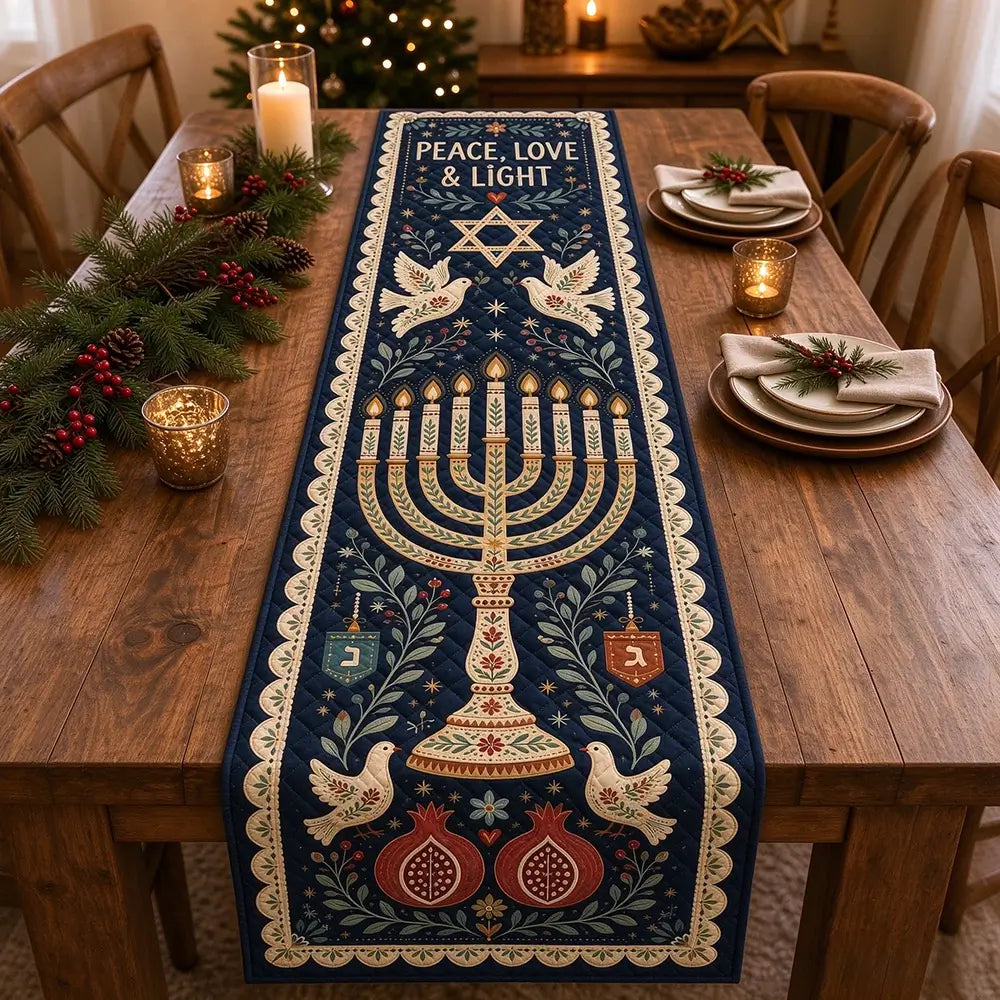 A navy quilted Hanukkah table runner printed with menorah, dove and pomegranate patterns laid on a wooden table decorated with pine branches and glowing candles