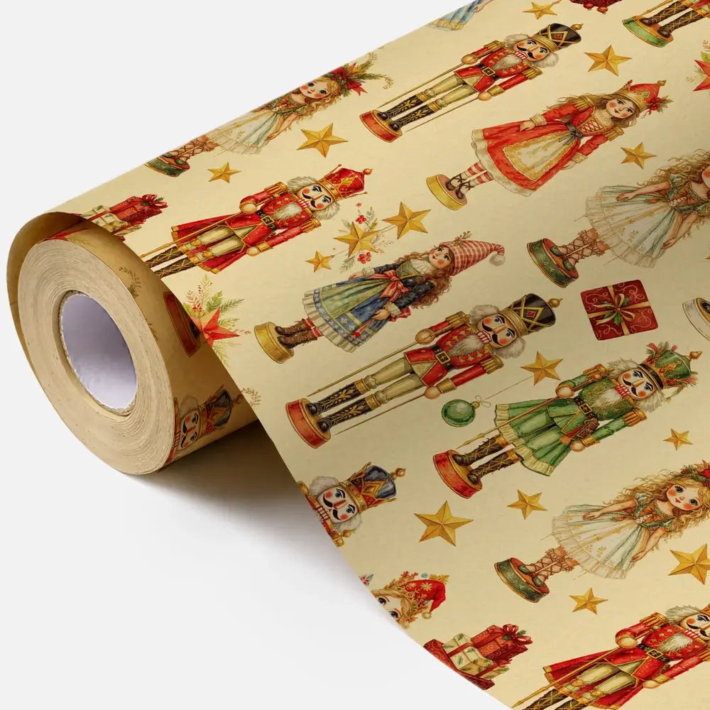 Christmas wrapping paper with nutcracker-themed illustrations