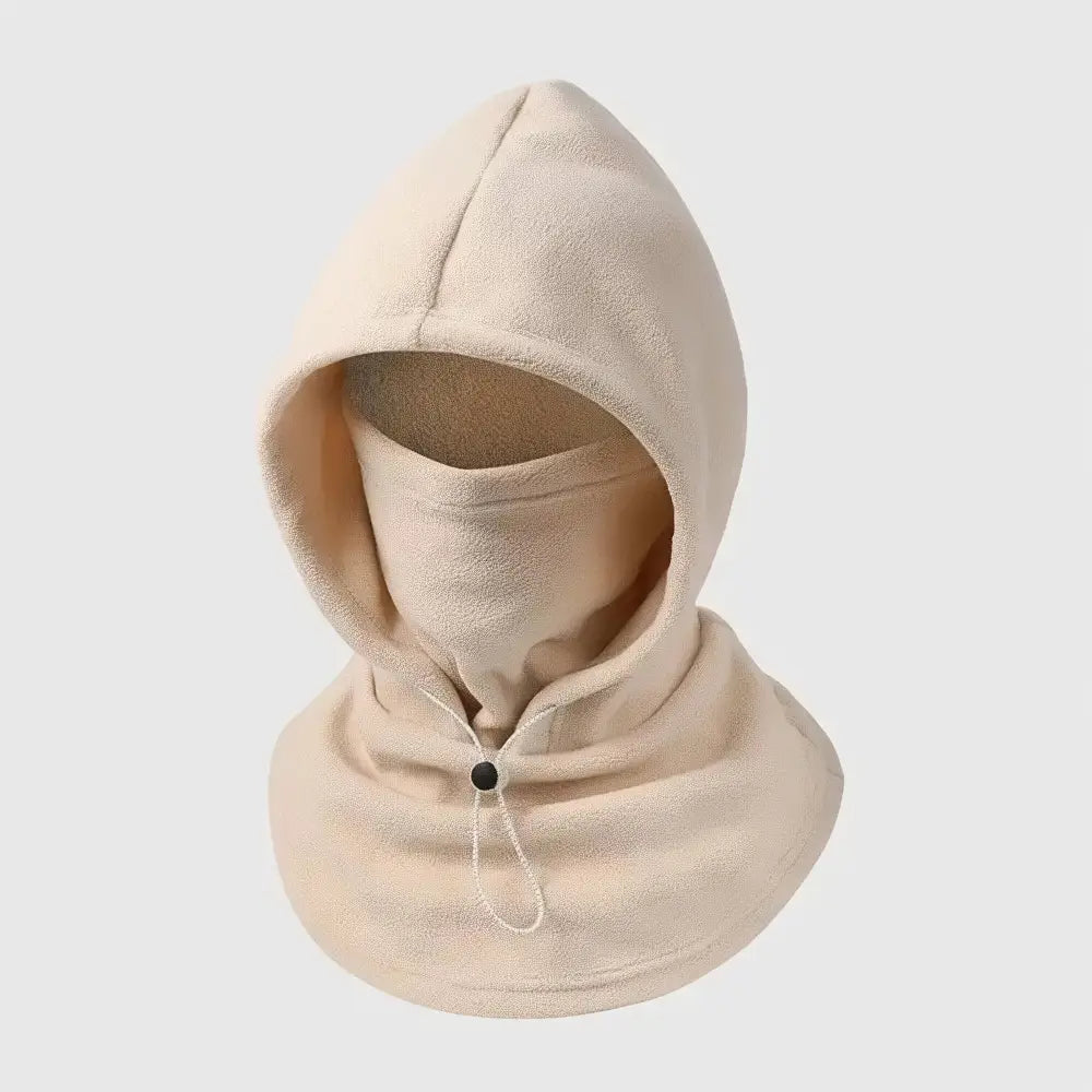 A light beige fleece balaclava hood with an integrated face mask and a white drawstring with a black button, displayed on a neutral light gray background.