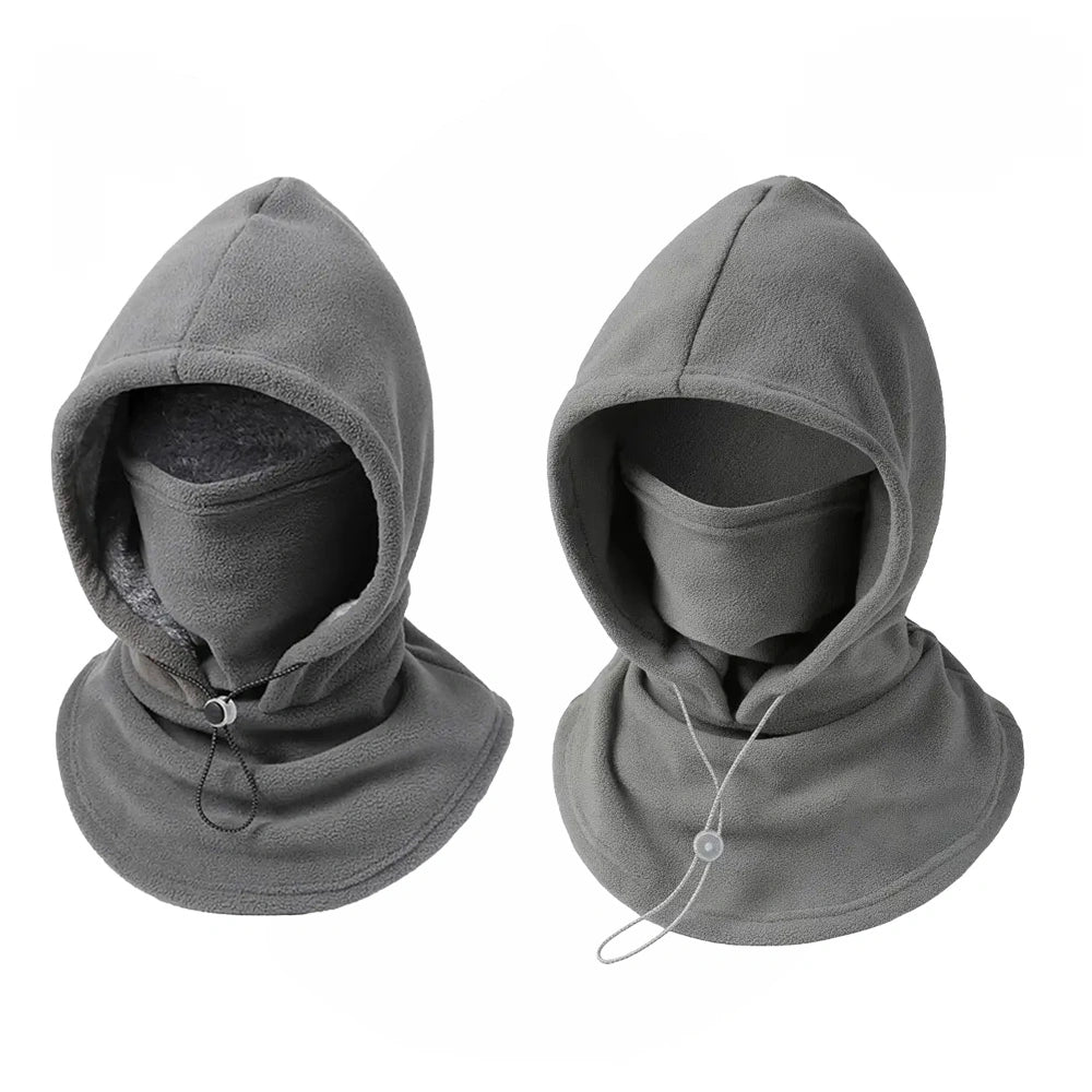 Two views of a gray fleece balaclava hood with integrated face mask and drawstring, shown on a plain white background.