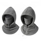 Two views of a gray fleece balaclava hood with integrated face mask and drawstring, shown on a plain white background.