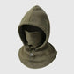 An olive green fleece balaclava hood with an integrated neck gaiter and a small silver metal slider, shown against a light gray background.
