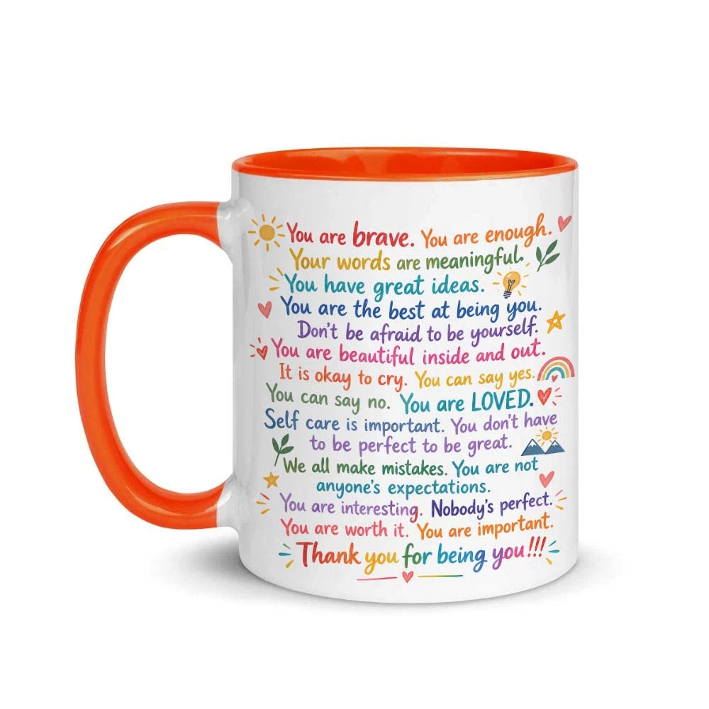 Daily affirmation mug filled with a hot drink