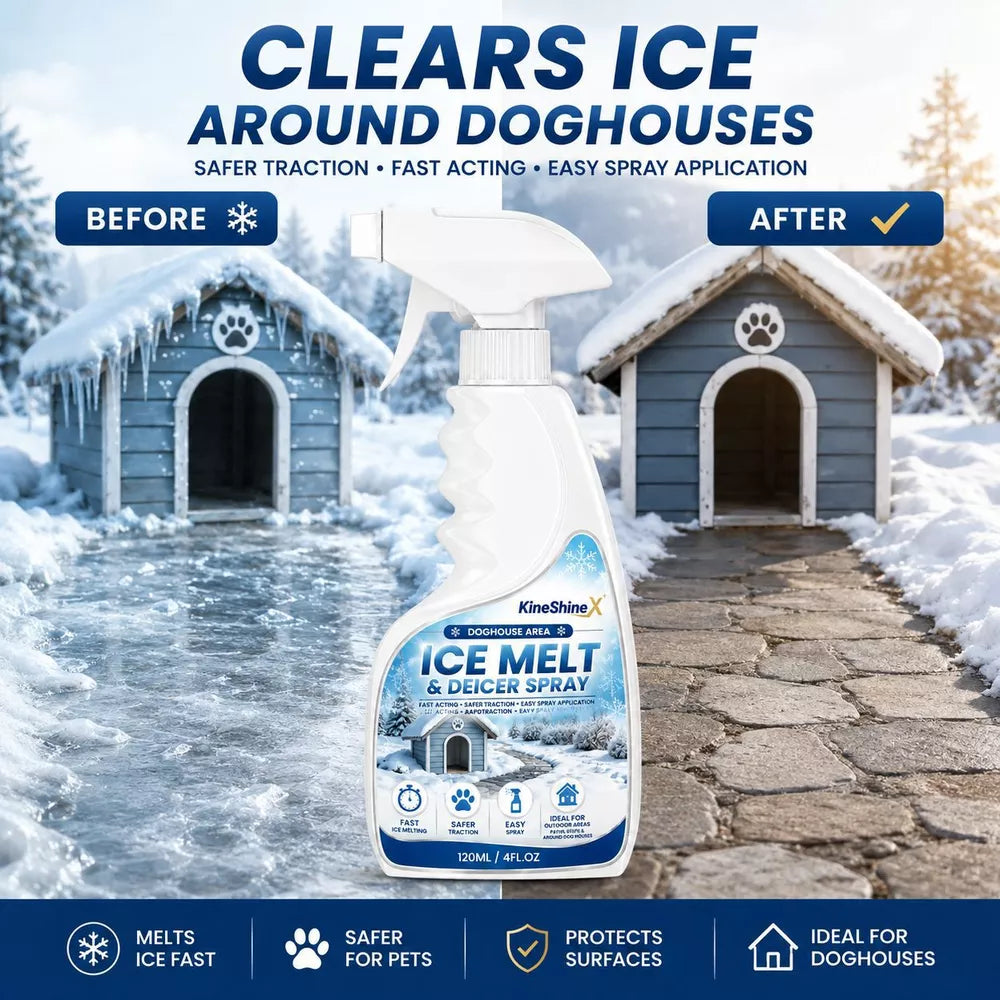 An infographic showing a snowy doghouse with a deicer spray bottle comparing icy ground before and dry safe ground after use