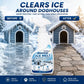 An infographic showing a snowy doghouse with a deicer spray bottle comparing icy ground before and dry safe ground after use