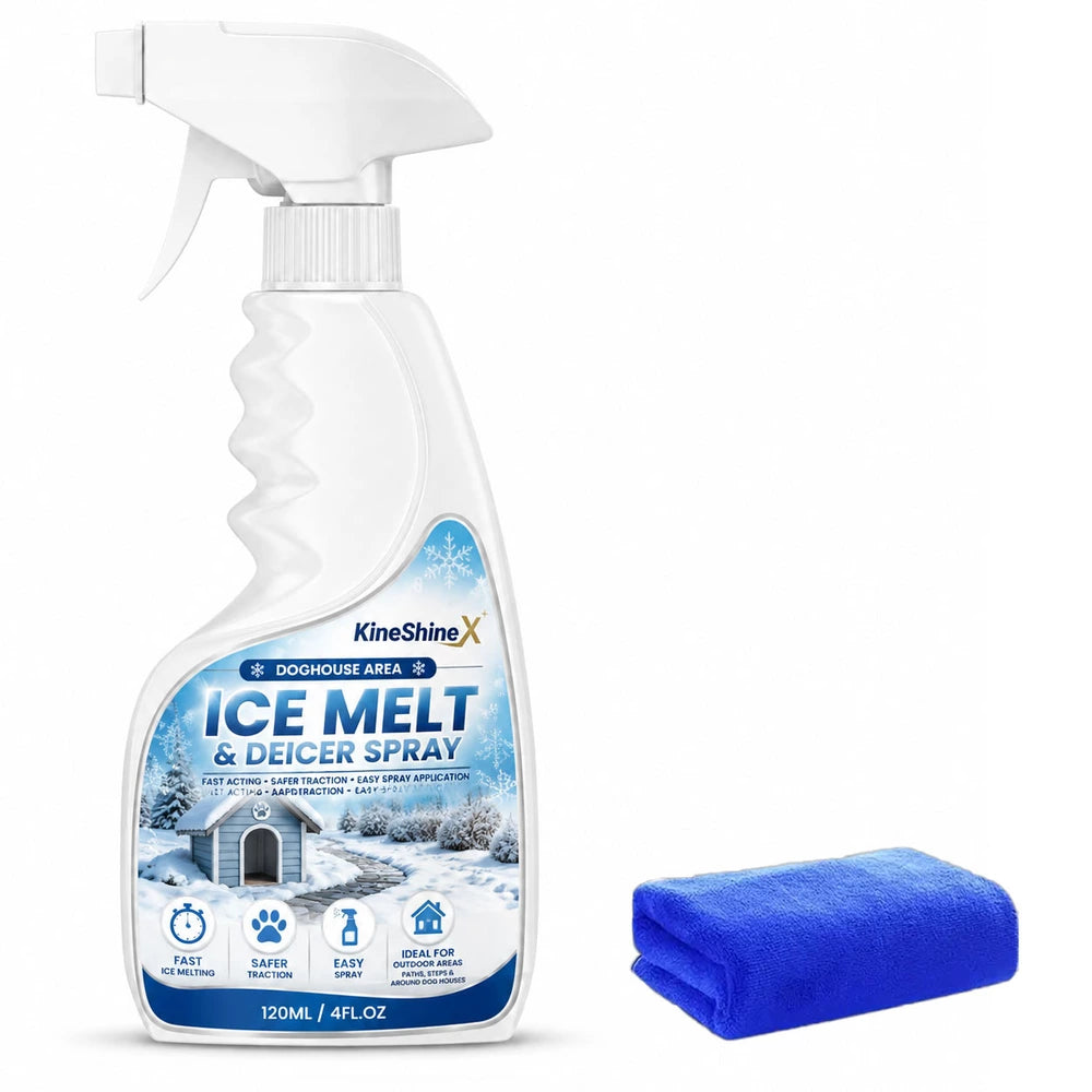 A white trigger spray bottle of deicer product on a white background beside a folded blue towel with snowy doghouse label