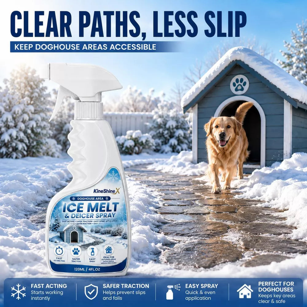 A snowy outdoor scene with a golden retriever stepping out of a blue doghouse beside a deicer spray bottle on a snowy stone path