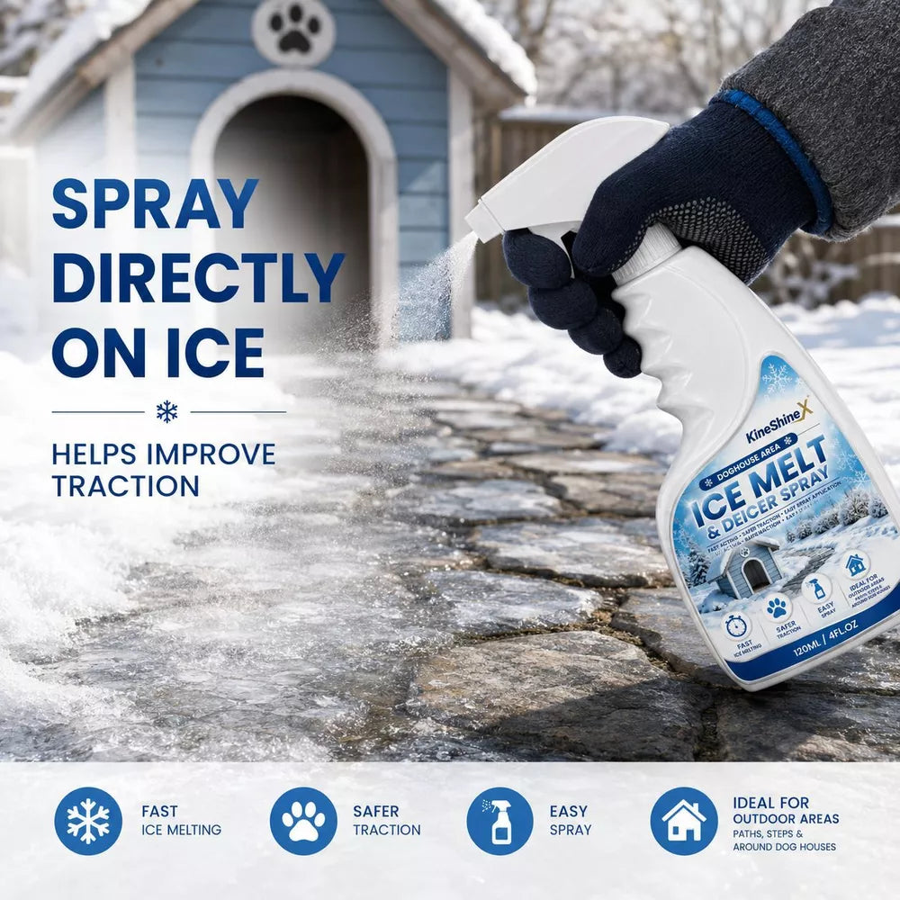 A gloved hand spraying the deicer onto icy ground beside a snowy doghouse with paw print markings