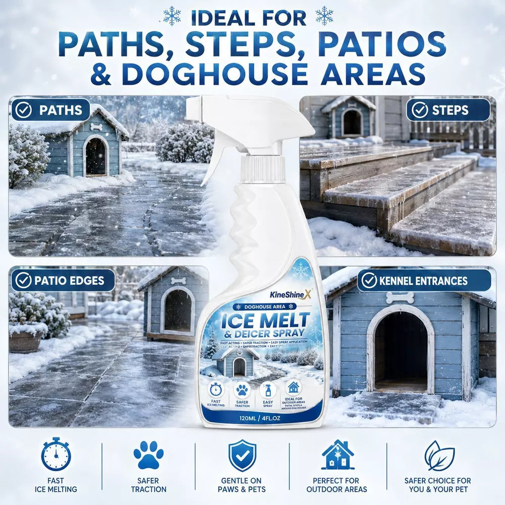 A winter product banner showing the spray bottle with four checkmarked scenes of paths steps patios and doghouse entrances
