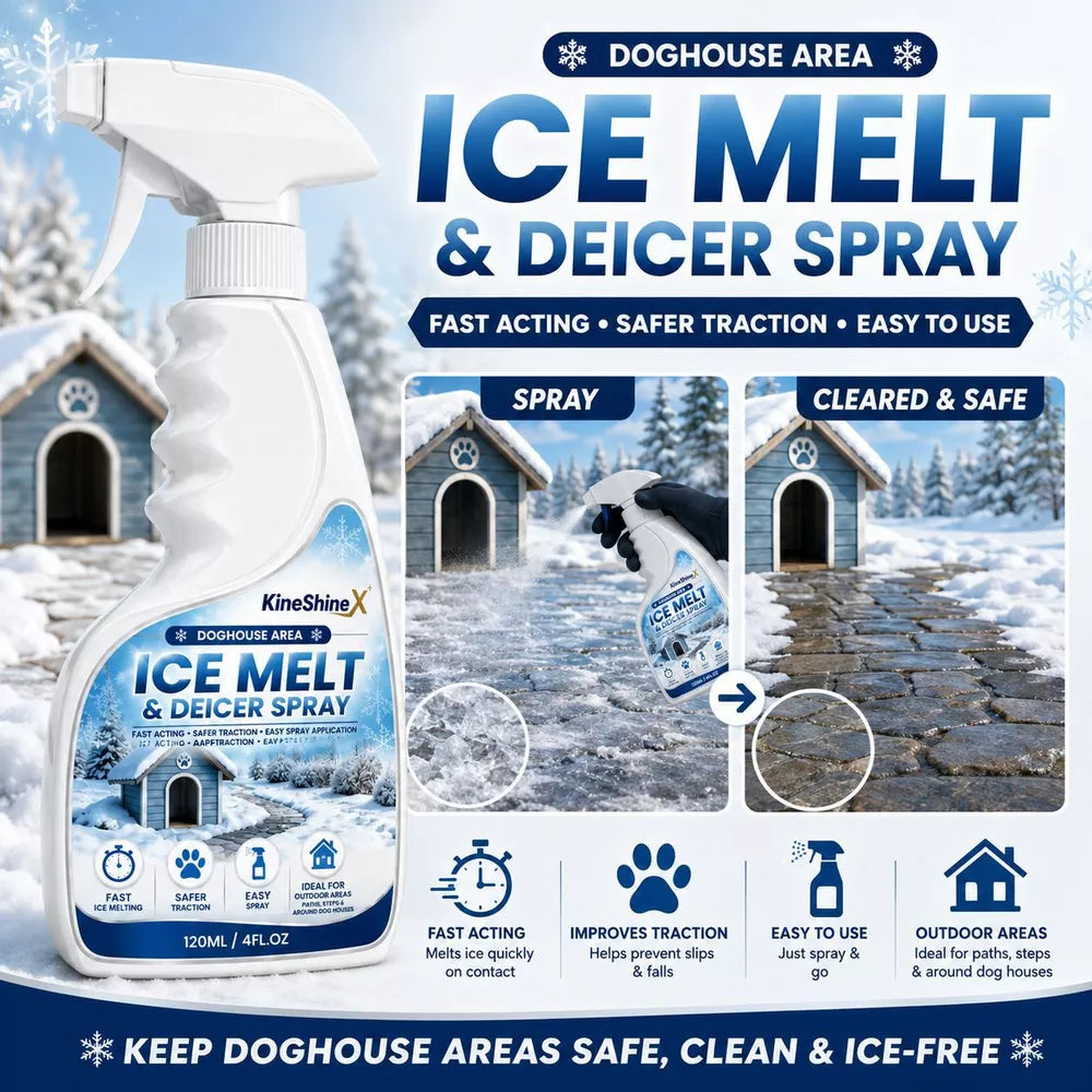 A snowy scene with a gloved hand spraying icy doghouse area steps while another panel shows cleared safe ground