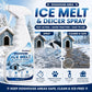 A snowy scene with a gloved hand spraying icy doghouse area steps while another panel shows cleared safe ground