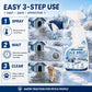 An infographic showing the easy three step spray wait and clear process for melting ice around a snowy doghouse with a golden retriever