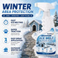 A winter protection poster with a snowy doghouse and stone path behind the deicer spray bottle listing fast melting and safer traction benefits