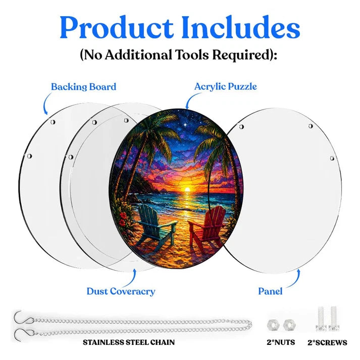 A diagram showing the included parts of the paradise view acrylic puzzle suncatcher such as backing board dust cover panel stainless steel chain nuts and screws