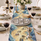 Blue and sand-colored watercolor design on a Passover table runner