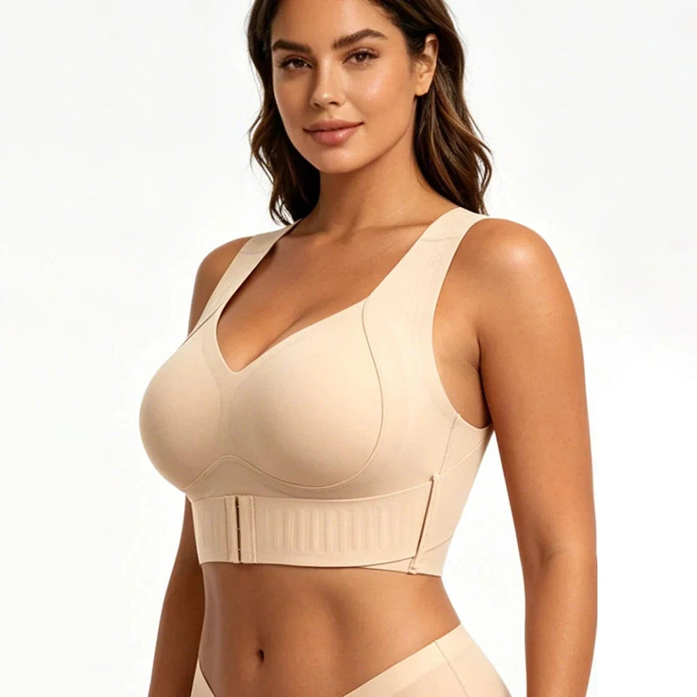Nude wireless posture support bra side view