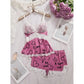 Purple women's pajama set with love and heart print, lace trim tank top and shorts