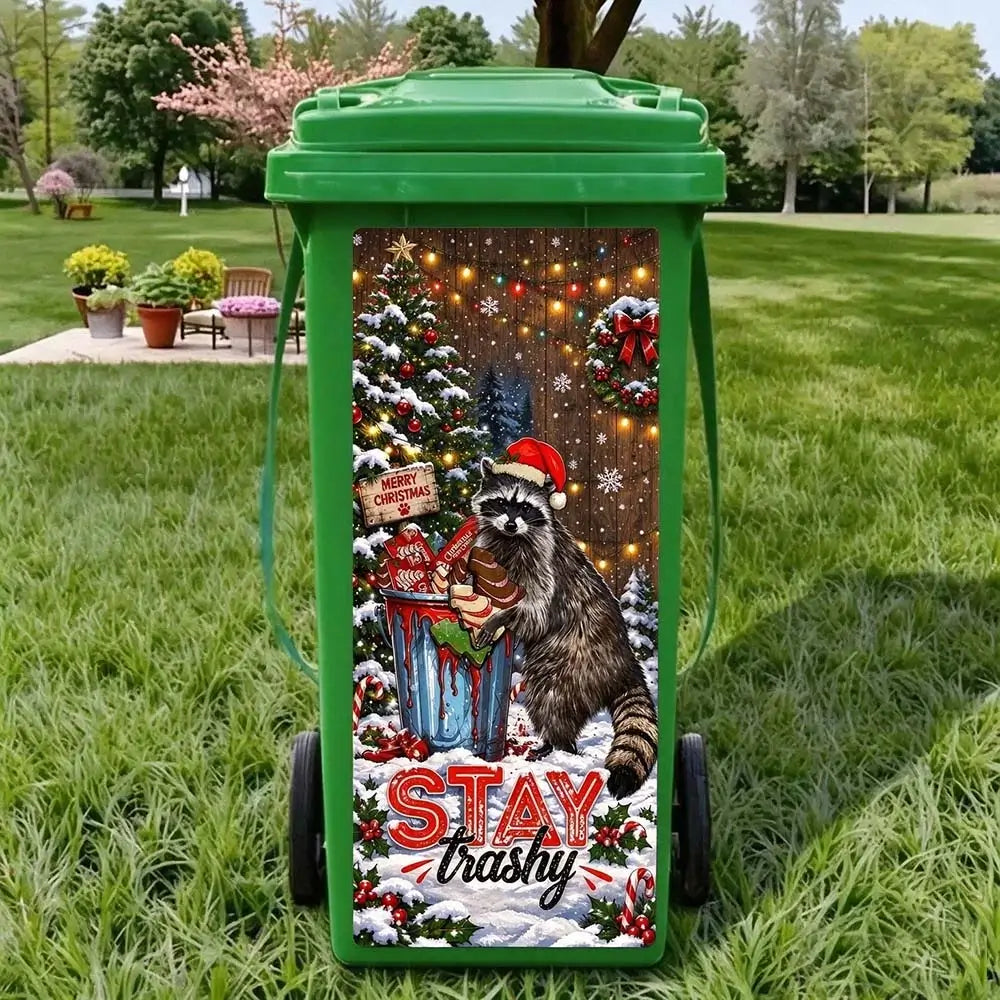 Raccoon trash can sticker for Christmas outdoor bin decoration