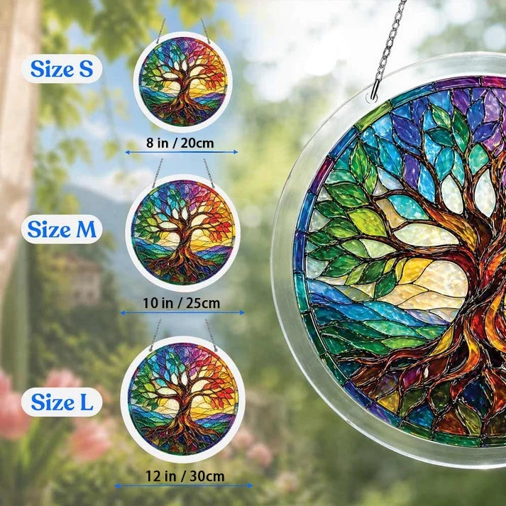 A size chart showing three rainbow tree of life suncatchers in S M and L measuring 8 10 and 12 inches with a large size detail on the right