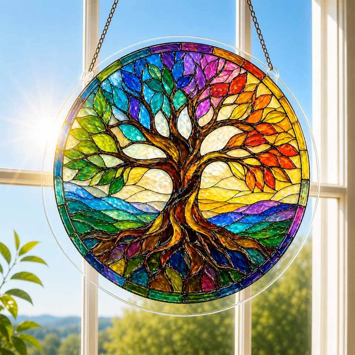 A round acrylic suncatcher with a colorful rainbow tree of life hanging from a chain in front of a bright white window
