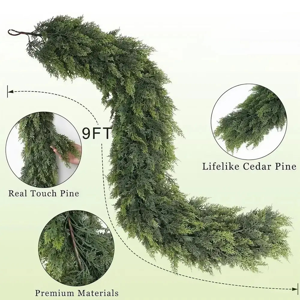 A 9-foot artificial pine garland shown on a pale green background with callout circles and text reading 'Real Touch Pine,' 'Lifelike Cedar Pine,' 'Premium Materials,' and '9FT.'.