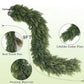 A 9-foot artificial pine garland shown on a pale green background with callout circles and text reading 'Real Touch Pine,' 'Lifelike Cedar Pine,' 'Premium Materials,' and '9FT.'.