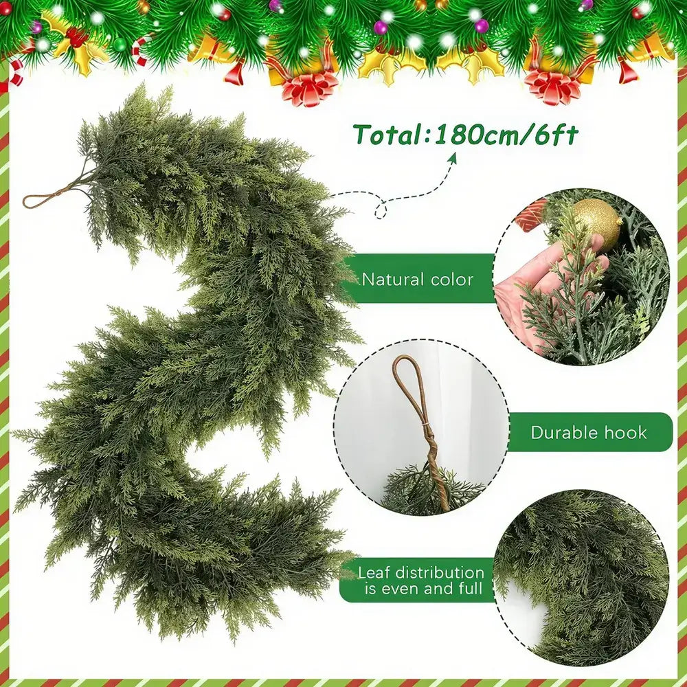 Green artificial garland with text detailing its features on a festive border.