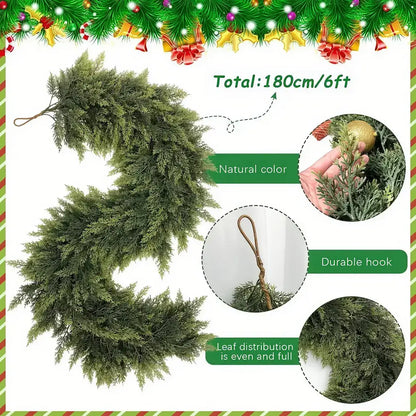 Green artificial garland with text detailing its features on a festive border.