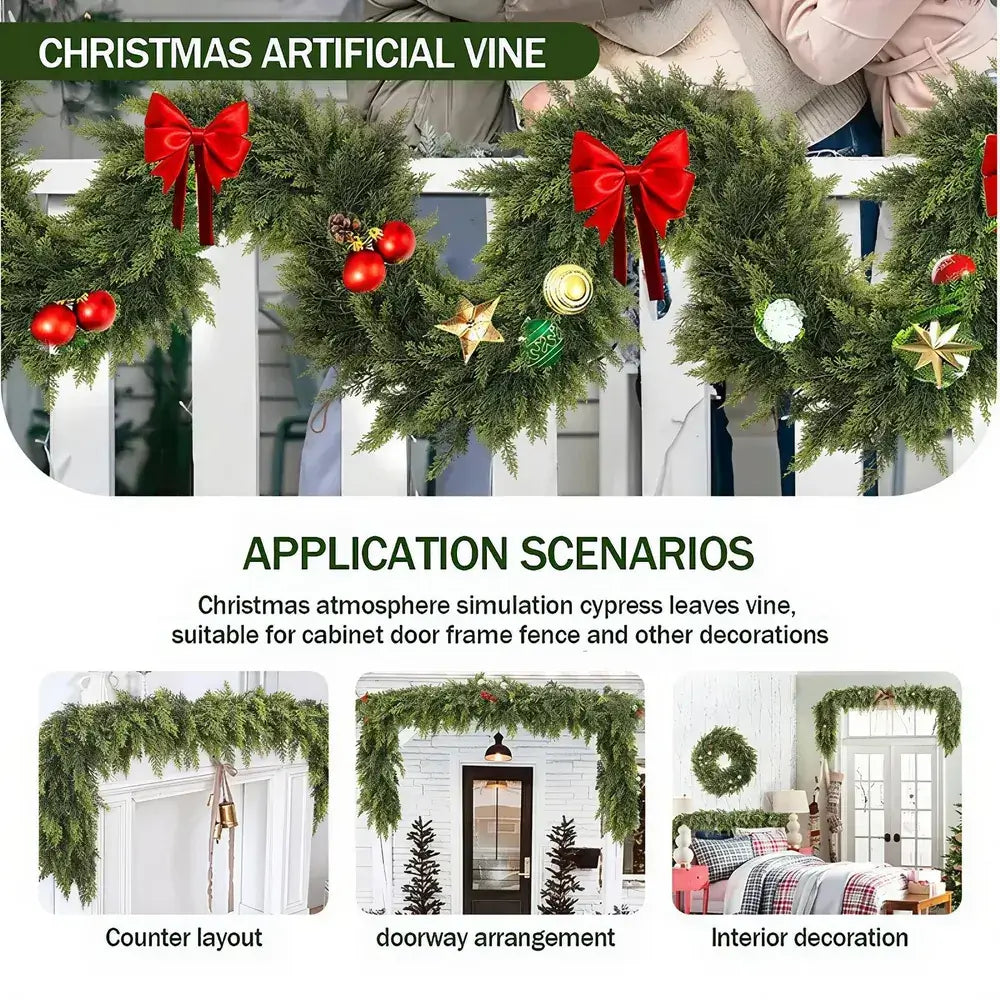 Christmas artificial vine with red bows and decorations on a white background