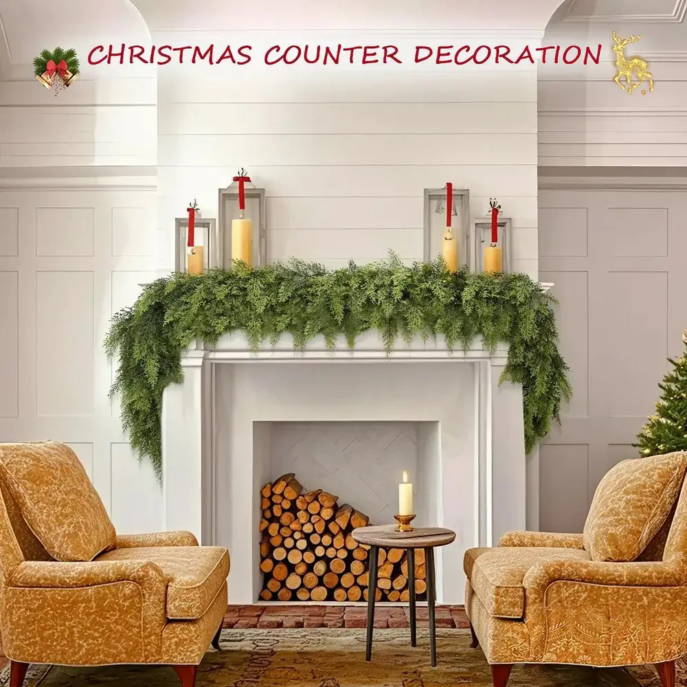 Living room with Christmas decorations including a fireplace, garland, and candles.