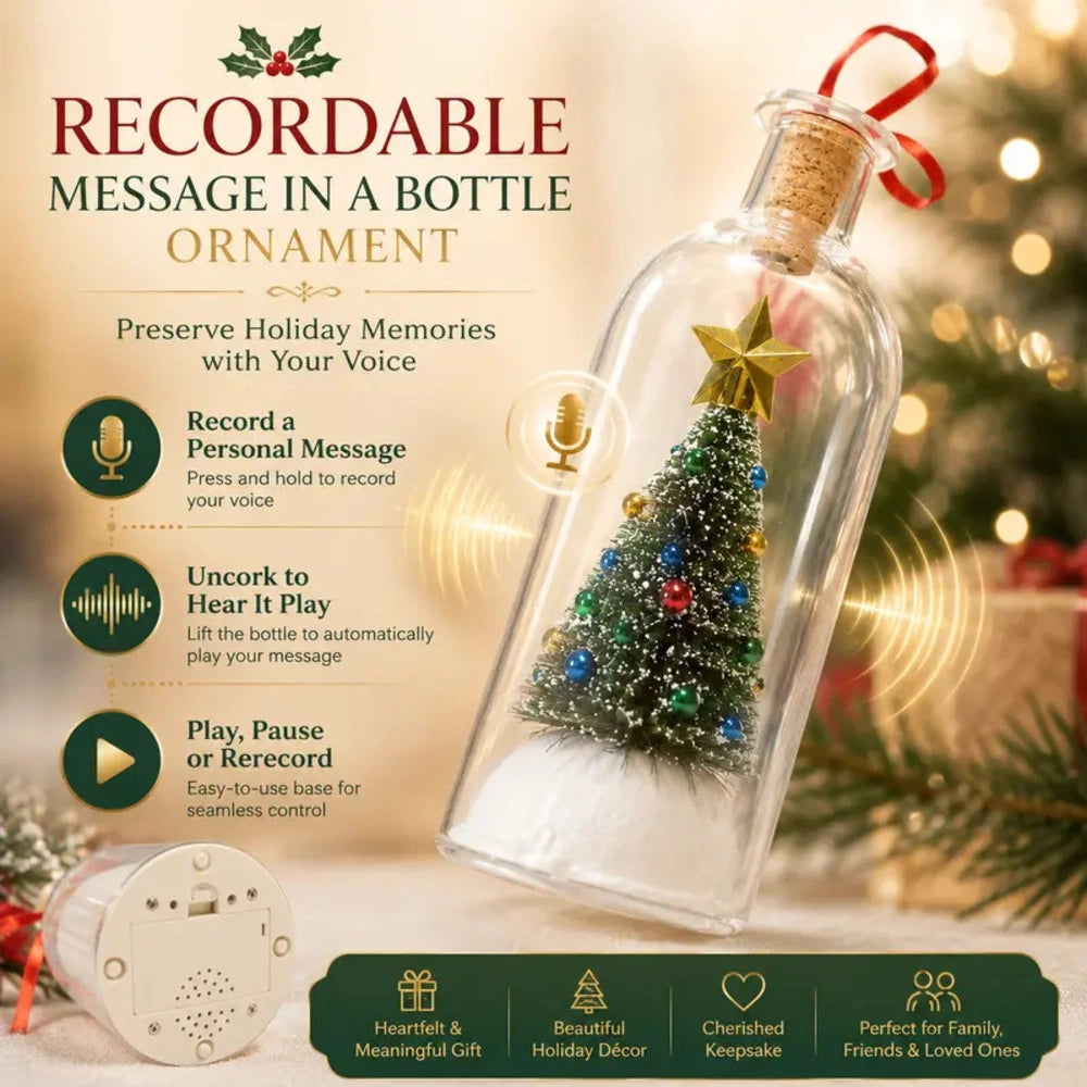 A holiday-themed product listing graphic for a Recordable Message in a Bottle Ornament. The main subject is a clear glass bottle ornament with a cork stopper, red ribbon loop, and a small decorated Christmas tree inside with a gold star.