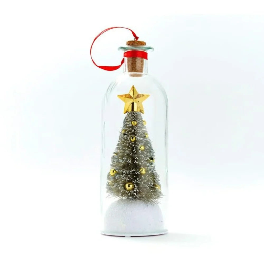 Decorative Christmas tree in a glass bottle with a gold star on a white background