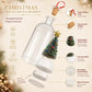 Christmas message bottle ornament infographic showing a clear glass bottle with a cork stopper, festive ribbon loop, small decorated Christmas tree, snow globe base, sound module, and battery compartments, with feature callouts on a warm beige holiday background.
