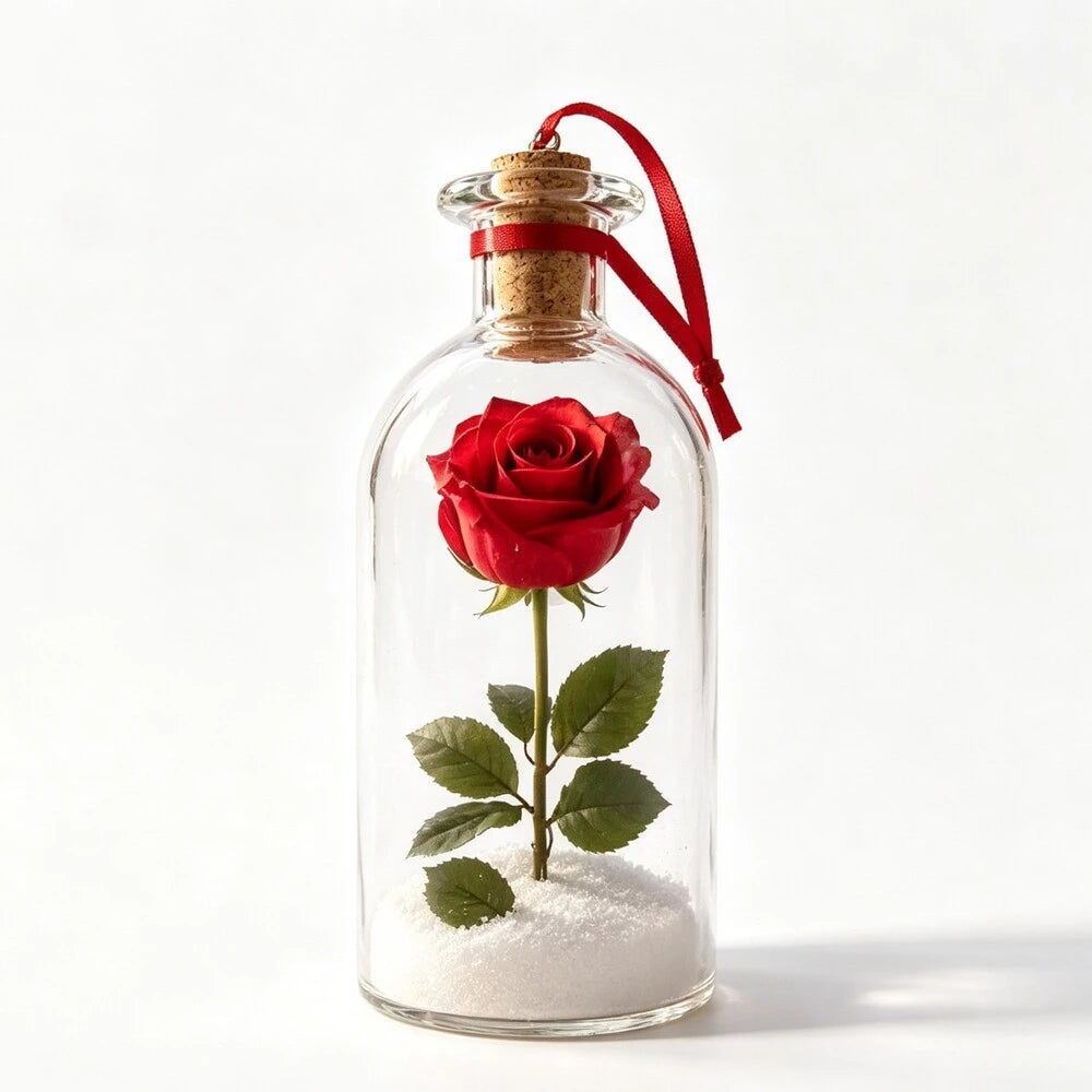 A decorative glass bottle ornament featuring a single preserved red rose inside, set over white sand with a cork stopper and a red ribbon loop, photographed on a clean white background.