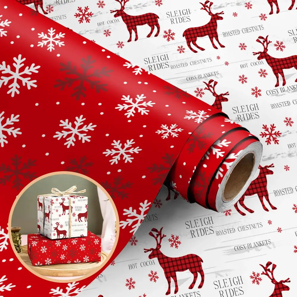 Red Christmas wrapping paper with a festive printed pattern