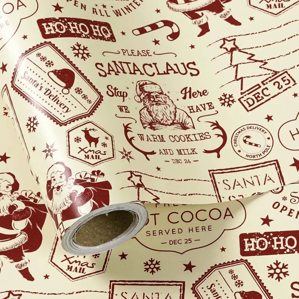 Christmas wrapping paper featuring a Santa Claus design