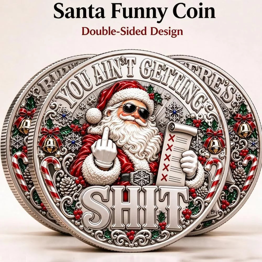 Close-up view of Santa artwork and lettering on the novelty coin