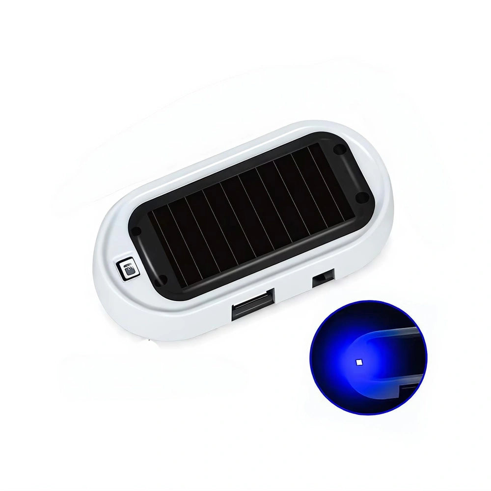 A white and black solar-powered USB charger with a circular inset showing a blue LED light, set against a plain white background.