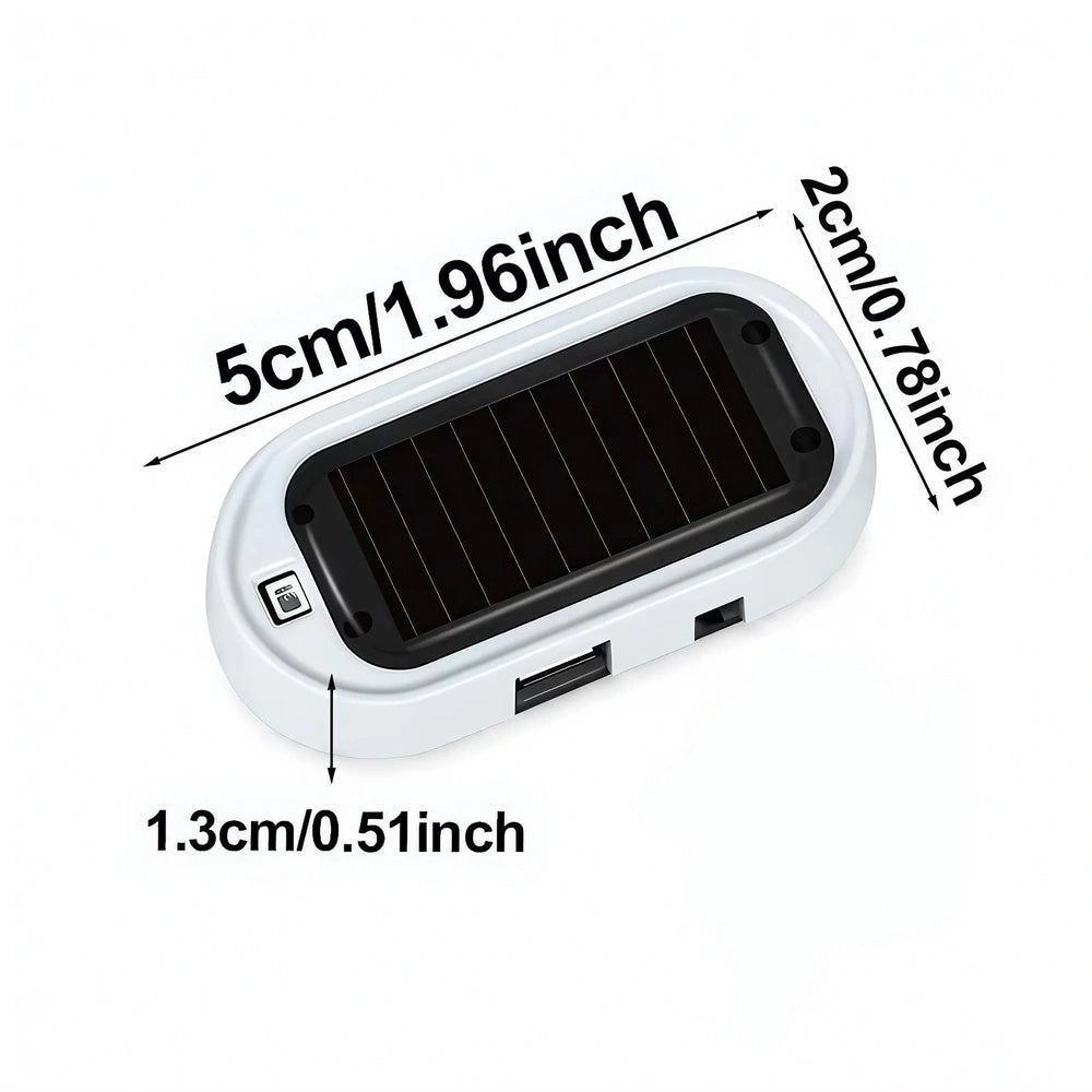 A small white and black solar power bank with dimension labels showing 5cm length, 2cm width, and 1.3cm depth on a white background.