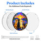 A diagram showing the included parts of the sunset dogs acrylic puzzle suncatcher such as backing board dust cover panel stainless steel chain nuts and screws