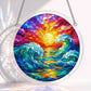 A round acrylic suncatcher with two curling turquoise waves beneath a golden sun over a colorful ocean sunset