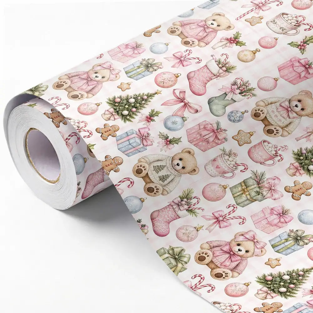 Christmas gift wrap featuring a teddy bear holiday design