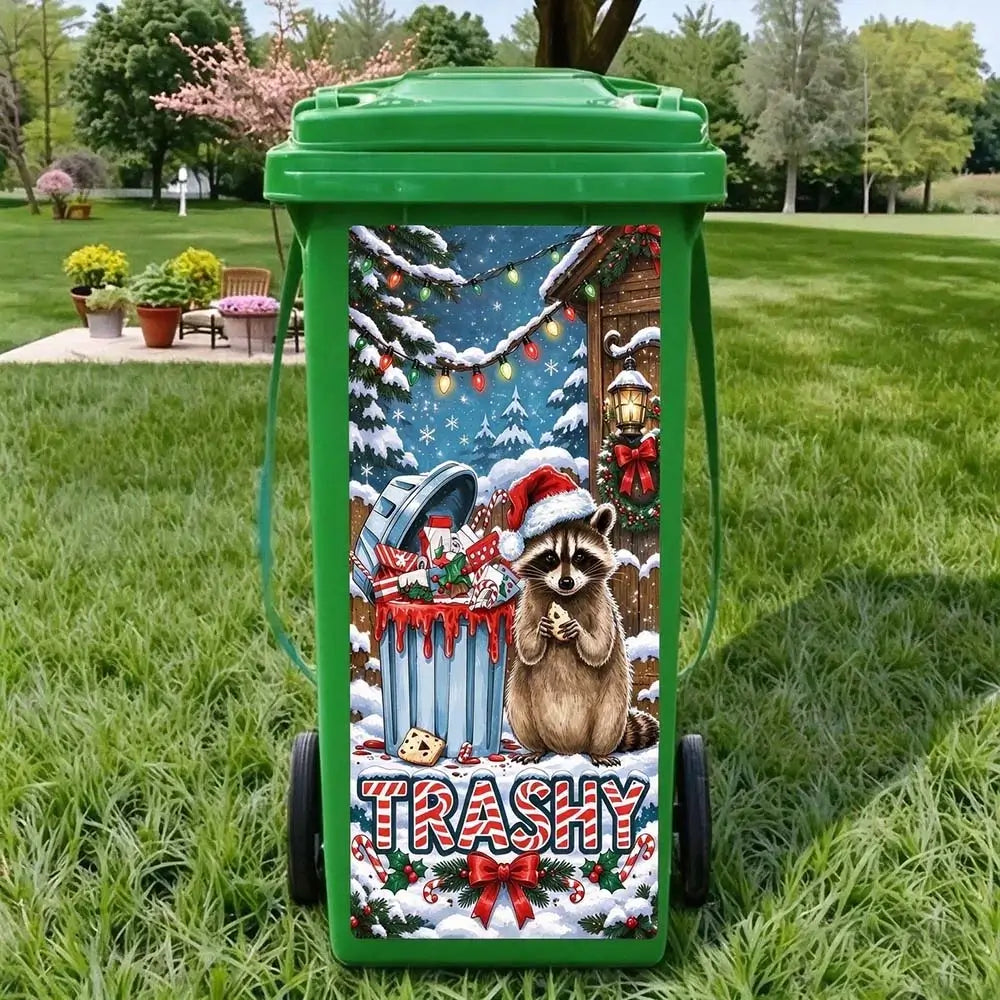 Trashy raccoon trash can sticker for Christmas outdoor bin decoration