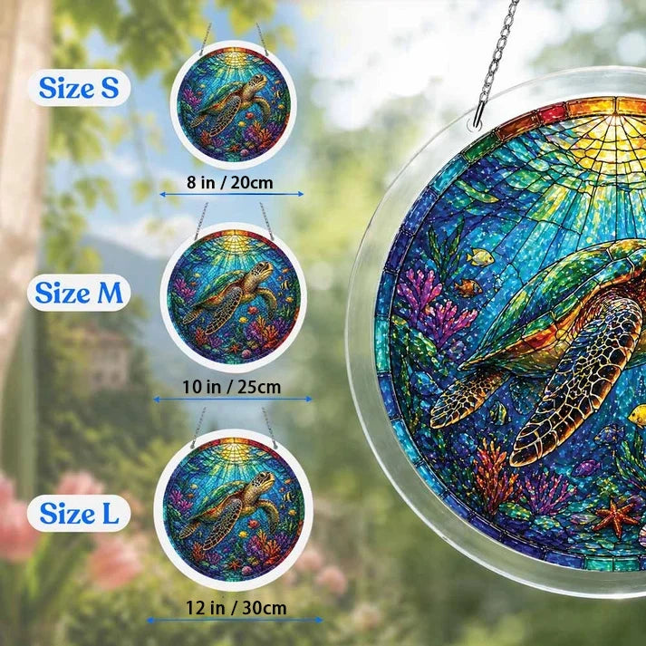A size chart showing three sea turtle suncatchers in S M and L measuring 8 10 and 12 inches with a large size detail on the right