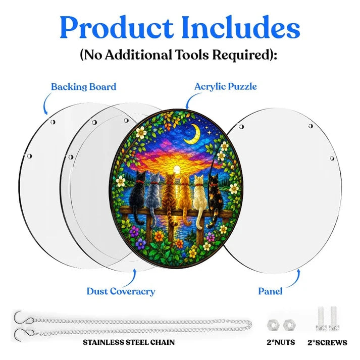 A diagram showing the included parts of the twilight cats acrylic puzzle suncatcher such as backing board dust cover panel stainless steel chain nuts and screws