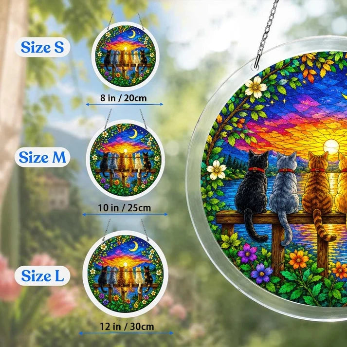A size chart showing three twilight cats suncatchers in S M and L measuring 8 10 and 12 inches with a large size detail on the right